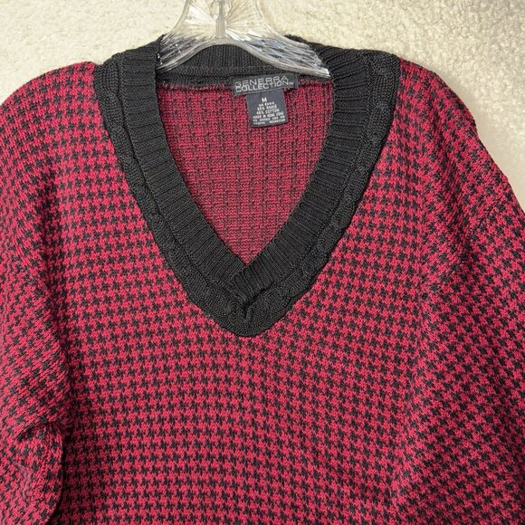 Vintage 80's Red Black Houndstooth V Neck Sweater Women's Size Medium Academic - Picture 1 of 6